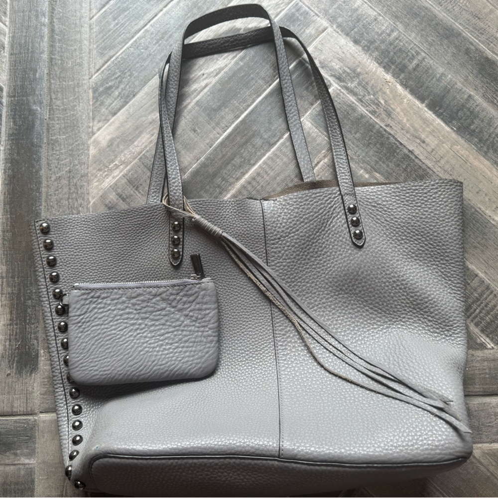 Rebecca Minkoff Oversized Grey Pebbled Studded Leather Tote & Zippered Wallet